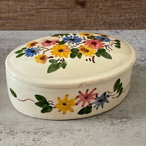 Vintage Made in France Hand-Painted Rustic Floral Oval Covered Trinket Box 4.75"